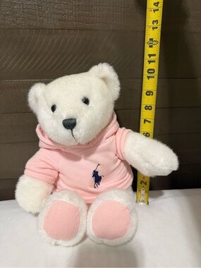 Ralph Lauren White Plush Bear in Light Pink Hoodie with Navy Pony